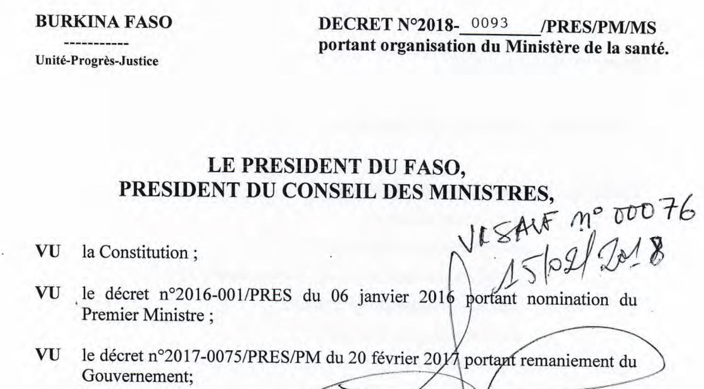 Document sharing Burkina Faso: new organization chart and position of ST CSU at the Ministry of Health
